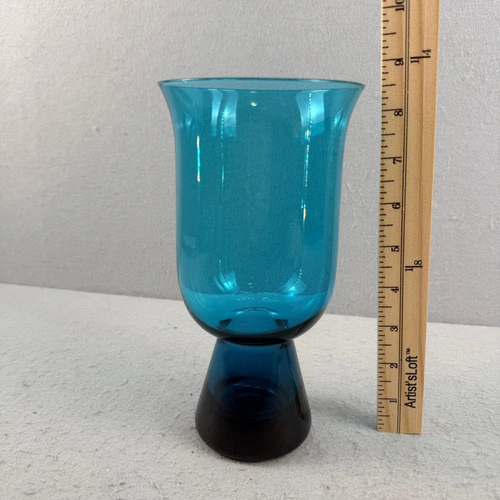 Vtg Morgantown Glass‎ Peacock Blue Carleen Hurricane Vase MCM Smooth 9
